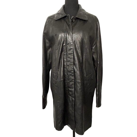 AMBITION NY Genuine Leather Trenchcoat Jacket Black Hidden Buttons - Picture 1 of 12